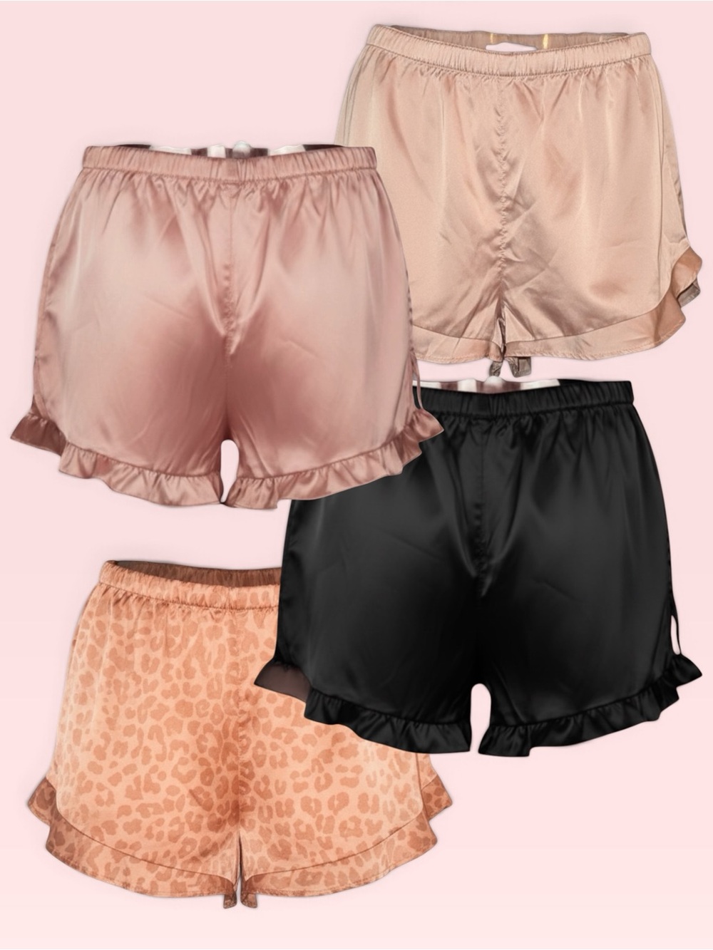 Express Satin Ruffle Sleep Shorts-5pc set Black, Blush, Peach Leopard & Beige